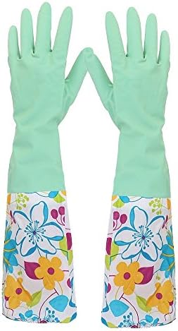 Ferryman Kitchen Rubber Cleaning Gloves with Lining Household Thickening PU Waterproof Dishwashing Latex Glove , Large (L, Light green)