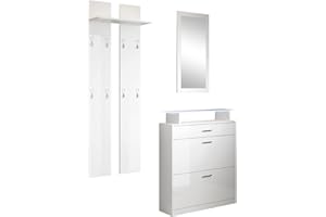 MB Muebles Bonitos, Set Scarpiera Ingresso Paola, con Specchio e Attaccapanni, LED, Melamina, Bianco
