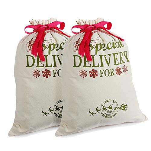 2 Pack Navidad Regalo Bolsas Personalizadas Sacos de Santa Arpillera con Cordón Rojo, Mediano, pequeño, Decoraciones (18.9'' X 14.4'')