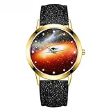 Sonew Frauen Armbanduhr Analog Quarz Sternenhimmel Zifferblatt Lederband Armbanduhr(Black)