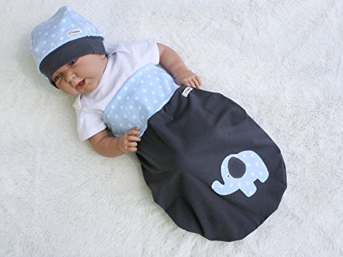 Schlafsack Strampelsack Pucksack LILAKIND Frühling/Sommer Elefant Grau Hellblau Sterne - 2