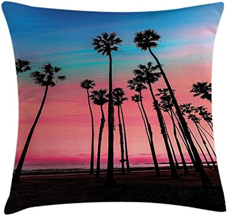 Palm Tree Decor Throw Pillow Cushion Cover, Tree Rows in Santa Barbara USA American Holiday Dreamy Heaven Dawn Image, Decorative Square Accent Pillow Case, 18X18 Inches, Pink Blue