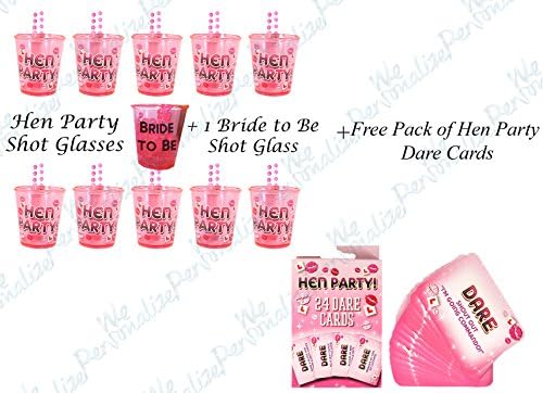 We Personalize1 Bride to Be and 13 Hen Party Shot Glass with Free Pack of Hen Party Dare Cards