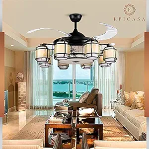 Urbancart Epicasa Chandelier Ceiling Mat-Black Fans with LED Light and 4 Retractable Invisible Acrylic Blade with Remote Control for Living Room, Bedroom 42? inch.