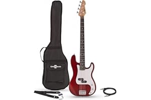 Guitarra de bajo LA de Gear4music Rojo con funda de transporte y cable de jack