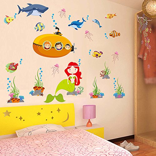 Wallpark Dibujos animados Debajo del agua Mundo Mar Pez Delfín Sirena Desmontable Pegatinas de Pared Etiqueta de la Pared, Bebé Niños Hogar Infantiles Dormitorio Vivero DIY Decorativas Arte Murales