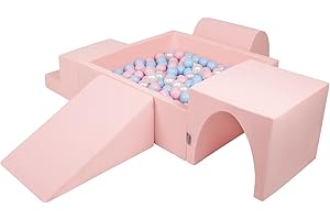 KiddyMoon Aire De Jeux en Mousse avec Carré Piscine À Balles (200 Balles) pour Enfants, Rose:Babyblue/Rose Poudre/Perle