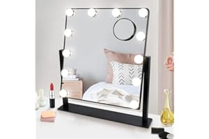 Depuley Lustro z oświetleniem, lustro do makijażu Hollywood z 3 kolorami światła, obracane o 360°, 12 przyciemnianych diod LED, czarne lusterko kosmetyczne z oświetleniem do makijażu, golenia,