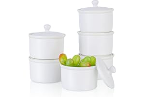 240ml Pirottini per Soufflé con Coperchio, Candiicap Set di 6 Pirottini da Soufflé in Porcellana per Cuocere al Forno, Budini, Creme Brulée, Salsa di Servizio (240ml, Bianco Opaco)