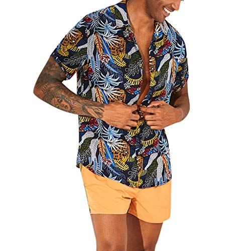 Preisvergleich Produktbild BHYDRY Herren Baumwolle Leinen Gedruckt Umlegekragen Kurzarm Lose Freizeithemd TopXXX-Large,Marine