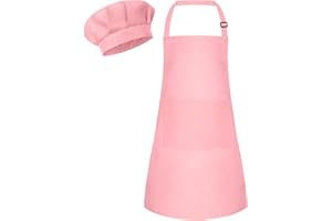 Bouiexye Kids Apron and Chef Hat Set Children Apron Adjustable with 2 Pockets Children Chef Painting for Cooking Baking