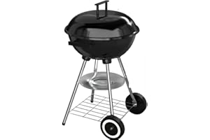 GÉNÉRIQUE Barbecue à Charbon de Bois Rond 4 pieds (stable) avec Couvercle (fumoir) et Roulettes, Noir, Acier Inoxidable, pieds chromés (Barbecue Kettle)