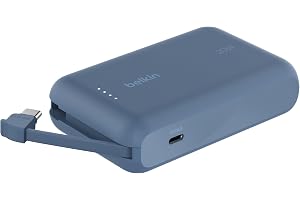 Belkin BoostCharge 10000mAh Power Bank with Integrated USB-C Cable - Blue | 10K Portable Charger, Charge Up to 2 Devices (1 x USB-C Port + Cable), 20W, LED Indicator, Air-Travel Ready, Pre-Charged