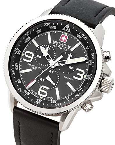 Swiss Military Men's Quartz Watch with Black Dial Chronograph Display and Black Leather Strap 6-4224.04.007