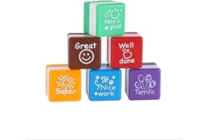 7STARS® Sellos Motivacion,Pack de 6, Tampones,Cuadrados, Profesores y Niños, Infantiles, En Ingles, Aprendizage, Regalo, Mini Stamps, Estimulación, Tinta, Goma, Color Rojo, Diversión