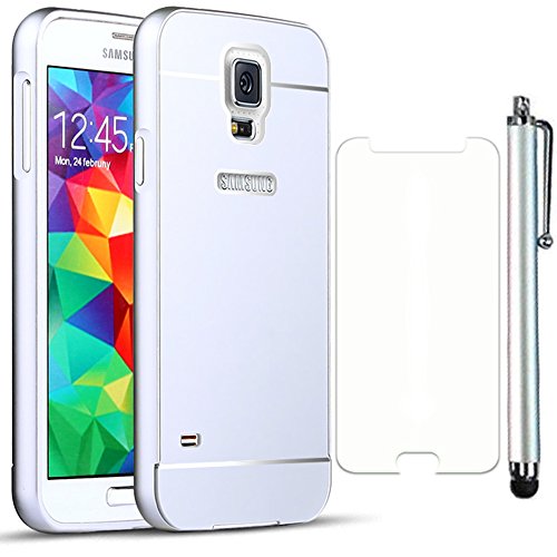 Sunnycase Beliebt Detachable Luxus PC Bumper Rahmen Case Metall Aluminium Frame Hybrid Schutz Hülle Tasche Schutzhülle für Samsung Galaxy S5 I9600 S V / S5 NEO Smart Metall Case Cover + HD Super Klare Displayschutzfolie + Stylus Stift Touch Pen, Silver Silber
