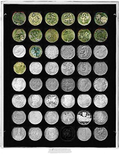 Coin box with 48 compartments, each 30 mm (Lindner 2148C), e.g. for 5 DM, 1 ounce Maple Leaf (Gold), 3 Reichsmark (Ag/Cu), 2 öS, 25 öS - Version: Carbo