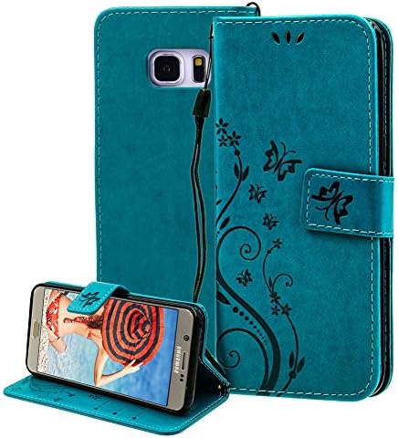 For Samsung Galaxy Note 5 Case Wallet ,Areall[Butterfly Flower Vine Design] Premium Flip Folio Leather Back Cover with Kickstand Card Slots ID Holder Magnetic Closure Snap - Blue