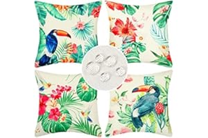 SERENTO Fundas Cojines para Impermeables Exterior Interior Fundas cojín Decorativas Verano Lino Decorativas Fundas Almohada Tropicales Floral Plantas Pájaro para Jardín Patio Sofá Banco 40x40cm Juego de 4