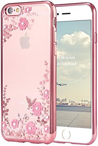 For IPhone 6 / 6S Case, Jamche Ultra Thin Transparent Flowers Bling Crystal Bumper Silicone TPU Gel Clear Rubber Soft Shockproof Protective Back Case Cover Shell for IPhone 6 / 6S, Rose Gold Pink