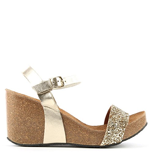 DF By Daniel RYTHER Gold Leather Glitter Corked Wedge Sandal 39 Gold Metalic