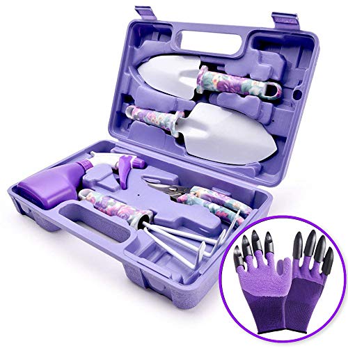 WISDOMLIFE 6 Pieces Garden Tools Set Planting Tools, Non-Slip Handle with Anti-Rust Trowel, Cultivator, Pruning Shear, Water Sprayer and Carrying Case, Gloves with Claws