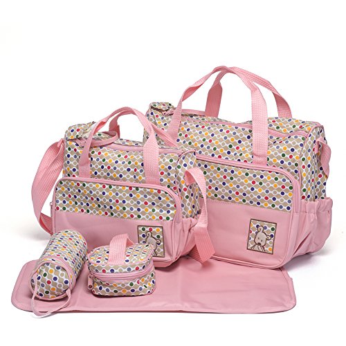 Mom Miya 5pcs Baby Nappy Changing Bags Set Multifunction Large Capacity Baby Diaper Bag Travel Mummy Bag Tote Handbag (Pink)