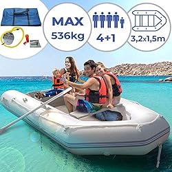 Jago Bateau Gonflable pour 4 Personnes - 320 x 152 cm, INCL. 2 Rames en Aluminium, Pompe à Pied, Capacité 536 kg, Plancher en Aluminium, pour 4 Adultes et 1 Enfant - Pneumatique Bateau, de Peche