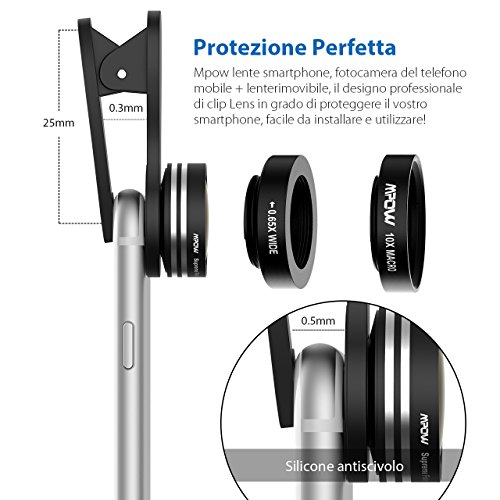 Lenti Smartphone Mpow 3 in 1 Lenti Kit Clip-On Lente Fisheye Suprema 180 Gradi + Lente Grandangolo 0.65X + Lente Macro 10X, Obiettivi Cellulari per iPhone 6s / 6s Plus, iPhone 6 / 6 Plus, Samsung Galaxy S6 Edge+ / S6 Edge / S6 / S5 / S4 / S3 HTC, Sony Xperia, Huawei ed altri Smartphone