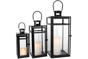 TRIROCKS Set di 3 Lanterne Decorative in Metallo, Grande Porta Candela Appeso per Esterno 48/38/30 cm con Vetro Temperato per Decorazioni Casa, Giardino (Nero Opaco)