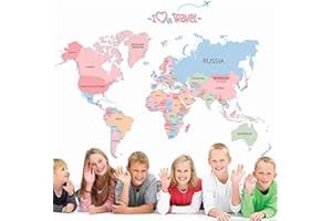 BYFRI Mapa Del Mundo, De Color Letters Pared Mundo Mapa De Vinilo Pegatinas Sitio De Los Niños Decoración De La Oficina Principal