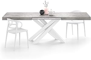 MOBILI FIVER, Table Extensible Emma 160(240) x90 cm, Gris Béton avec Pieds Croisés Blancs, pour 6-10 Personnes, Table Extensible pour Cuisine, Salon, Made in Italy