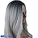 Eseewigs Synthetic Long Wave Ombre Wig Two Tones Black Rooted Grey Heat Resistant Cheap Middle Part Wig 130% High Density for Women