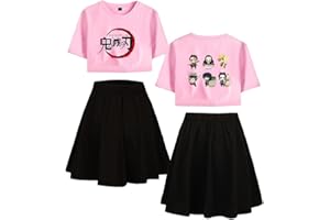 Yumenam Mujeres Niñas Camiseta Cortos y Falda 2 Piezas Chándales Kamado Nezuko Impreso Crop Top + Falda Conjuntos de Pijamas Ropa Deportiva Informal de Verano para Demon Slayer Fans