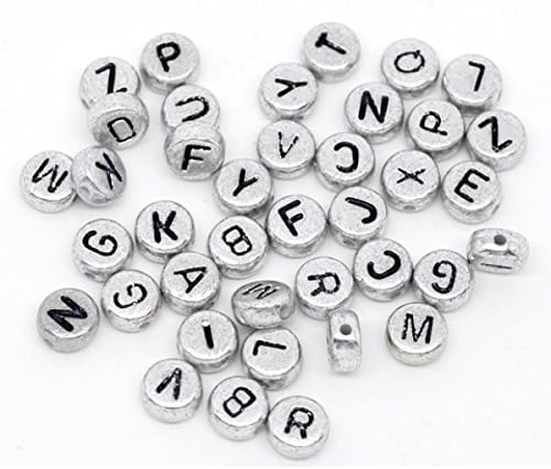 100 x Mixed Silver-Grey Flat Round Alphabet / Letter Beads - 7mm - L09882