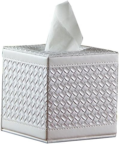 New Square PU Leather Cube Facial Tissue Box Cover Roll Paper Holder for Home Office Car (White Woven