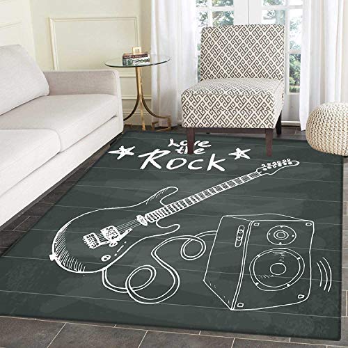 Guitar Area Rug Love The Rock Music Themed Sketch Art Sound Box and Text on Chalkboard Floor Mat Rug Indoor/Front Door/Kitchen and Living Room/Bedroom Mats Rubber Carpe Non Slip