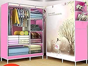 Lukzer 5 + 1 Shelves Clothes Storage Wardrobe Cupboard Fancy Portable Cabinet Foldable Multipurpose Closet Collapsible Fabric Wardrobe (Printed Love Design/165 x 105 x 45cm / Pink)