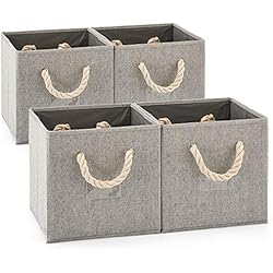 EZOWare Panier de Rangement Pliable en Tissu avec Poignée en Corde de Coton, Boîte de Rangement pour Etagères, Placard etc - Pack de 4 (26.7 x 26.7 x 28 cm) (Fabric Gris)