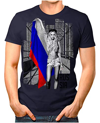 OM3® – Russia-Soccer-Girl – Herren T-Shirt EM 2020 Fußball Trikot Sexy Frau Russland Vintage Navy L