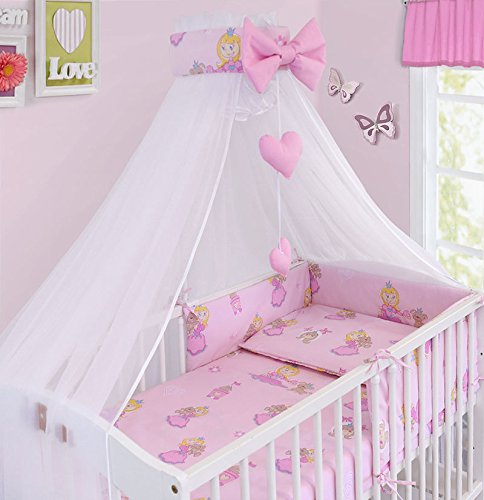 LUXURY 10Pcs BABY BEDDING SET COT PILLOW DUVET COVER BUMPER CANOPY to Fit Cot Size 120x60cm 100% COTTON (Princess)