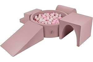 KiddyMoon Aire De Jeux en Mousse avec Rond Piscine À Balles (200 Balles) Fosses À Boules pour Enfants Jouets Parcours Obstacles, Bruyère: Beige Pastel/Rose Poudré/Perle