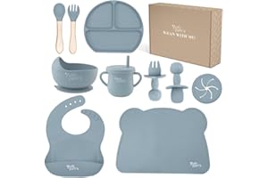 YUM YUM'S Bpa Free Silicone Feeding set presented by Yum Yum’s - Suction bowl - Baby weaning set - Wooden spoon and fork - Cup - Divided plate - Easy to clean - Adjustable bib - For babies and Toddlers - Blau