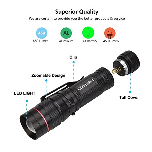 Mini EDC Taschenlampe Mit Zomm Und Ladegerat – Coomatec SD-200 Ultra starken 450 Lumen LED Tactical Flashlight Set Mit Akku - 3