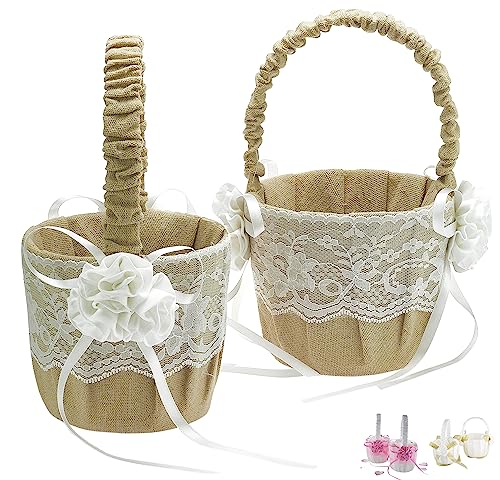 EinsSein Set 2 Cestini Matrimonio Juta e Raso 17x26x13 cm | Cesti Vimini con Manico per Petali Fiori Confetti | Damigella Sposa Bambina Cuore Decorativo Cerimonia Elegante