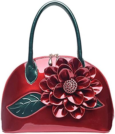Moonwind Flower Bowler Satchel Shoulder Bag Women Patent Leather Handbag Purse (Burgundy)