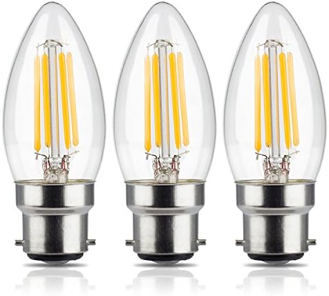 TAMAYKIM 4W LED Filament Candle Light Bulb, 2700K Warm White 400LM, B22 Bayonet Cap Chandelier Lamp, C35 Torpedo Shape Bullet Top, 40W Incandescent Replacement, Non-dimmable, 3 Pack