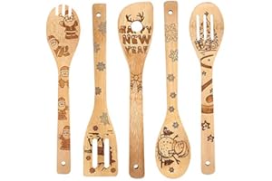 JOESTAR Cucchiai da cucina in legno, natalizi, set di utensili da cucina, divertente regalo per l’inaugurazione della casa, 5 pezzi