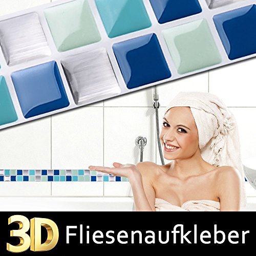 7er Pack 25,3 x 3,7 cm Wandaro selbstklebende 3D Fliesenaufkleber W3351 Mosaik Küche Bad Fliesendekor Fliesen Aufkleber Wandtattoo blau türkis silber