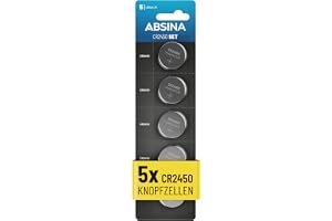 ABSINA CR2450 Knopfzelle 3V Lithium für Blitzerwarner UVM - auslaufsicher | 5er Pack CR 2450 3 Volt Knopfzellen - Batter